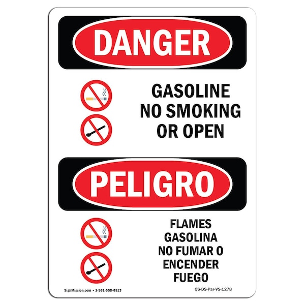 Safety Sign, OSHA, 24" Height, Aluminum, Gasoline No Smoking Or Open Flames Spanish